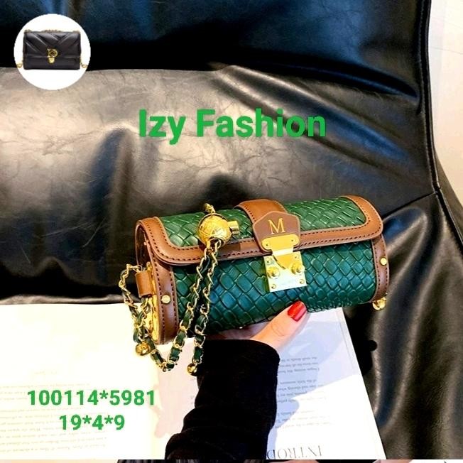 Tas mini wanita sling bag, motif anyam, hijau, mewah 5981