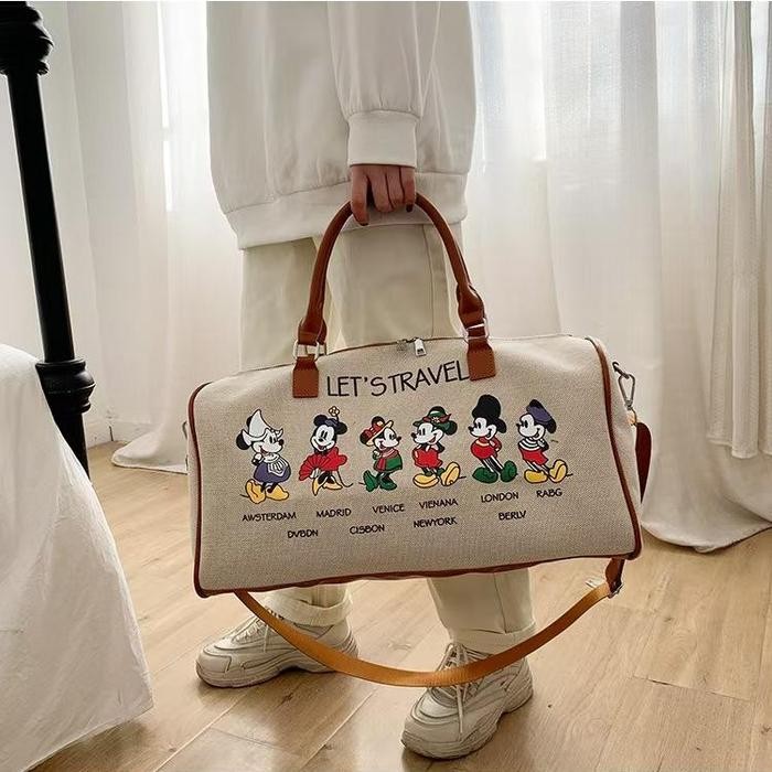 Tas Travel Bag Mickey Kanvas Selempang Wanita Mudik Jumbo Besar