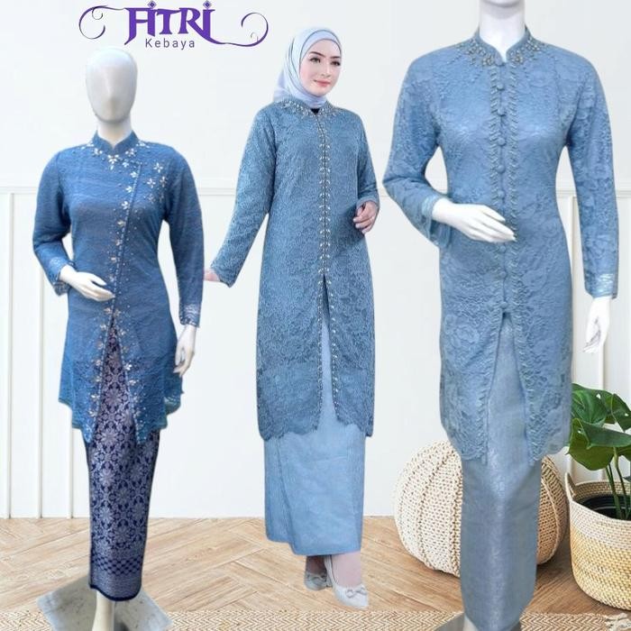 Setelan Kebaya Tunik Payet Brokat Jumbo Warna Denim Mix Songket Palembang Atasan Baju Kebaya Wanita