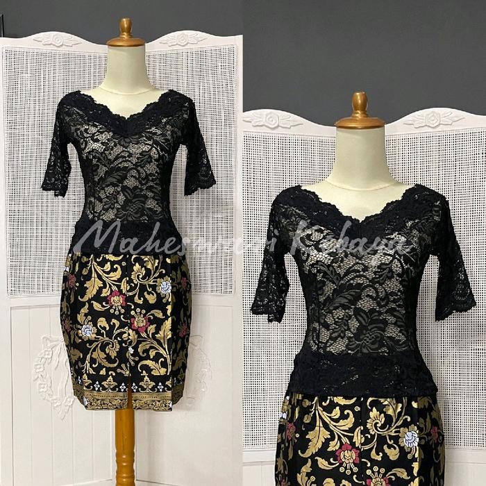 Kebaya Bali Set Brukat Sabrina Pendek Hitam Rok Pendek