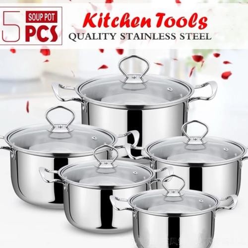 panci set isi 5 / panci set steamer + tutup kaca / 5 in 1 set panci stainless tutup kaca Kitchenware