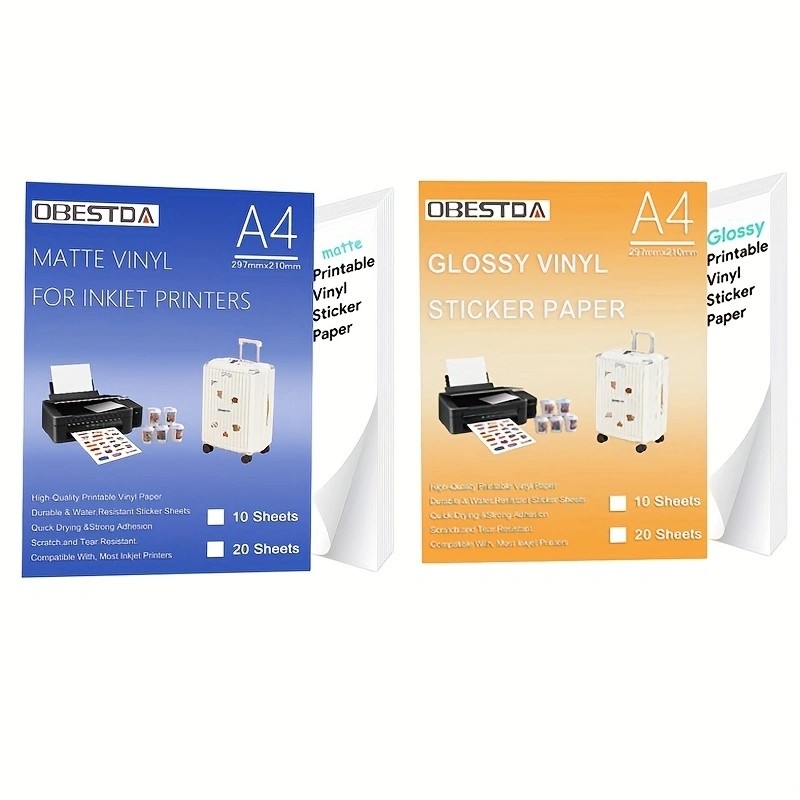 

20 Sheets Glossy/Matte Waterproof Vinyl Sticker Paper A4 Tear-off Resistant Label Sticker for Inkjet