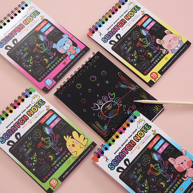 

Rainbow Art Scratch Painting Paper Children's Art Book Black Card Neon Scratch Book with Wood Stick