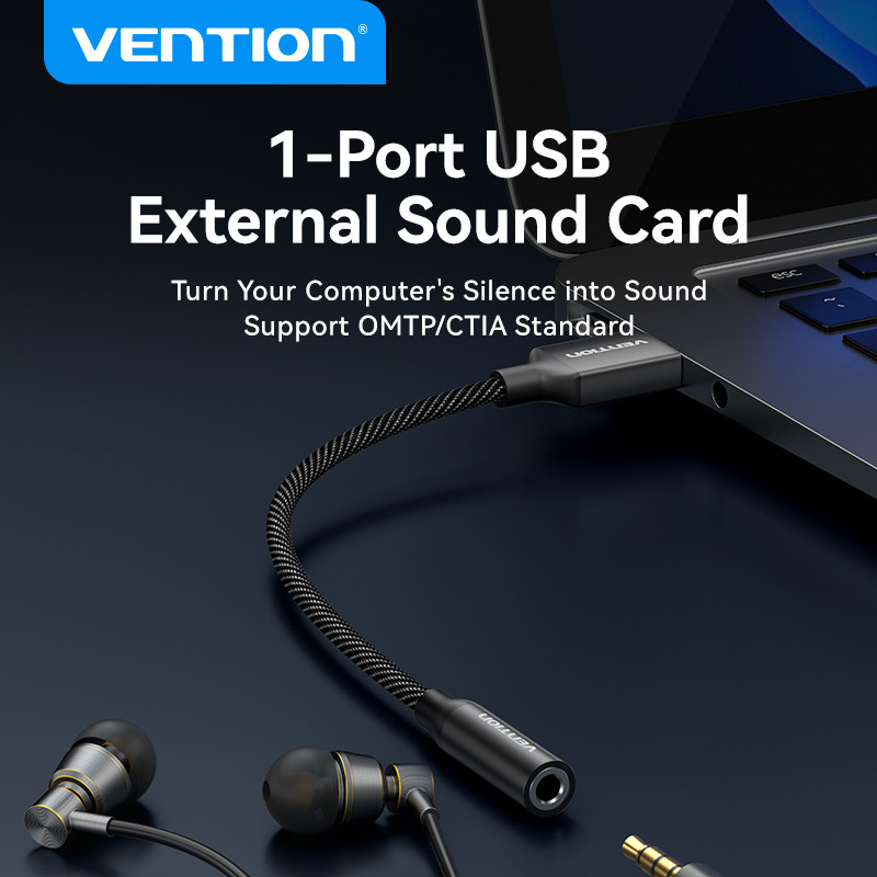 Vention 1-Port USB External Sound Card USB to 3.5mm Audio Adapter USB to Earphone for PC Macbook