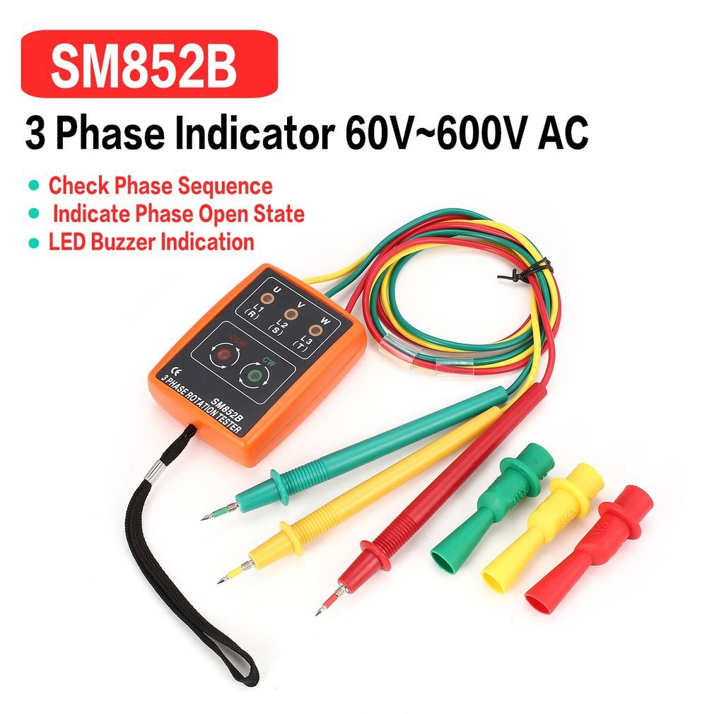 Sm852B 3 Phase Rotation Tester Digital Phase Indicator Detector Led Buzzer Phase Sequence Meter