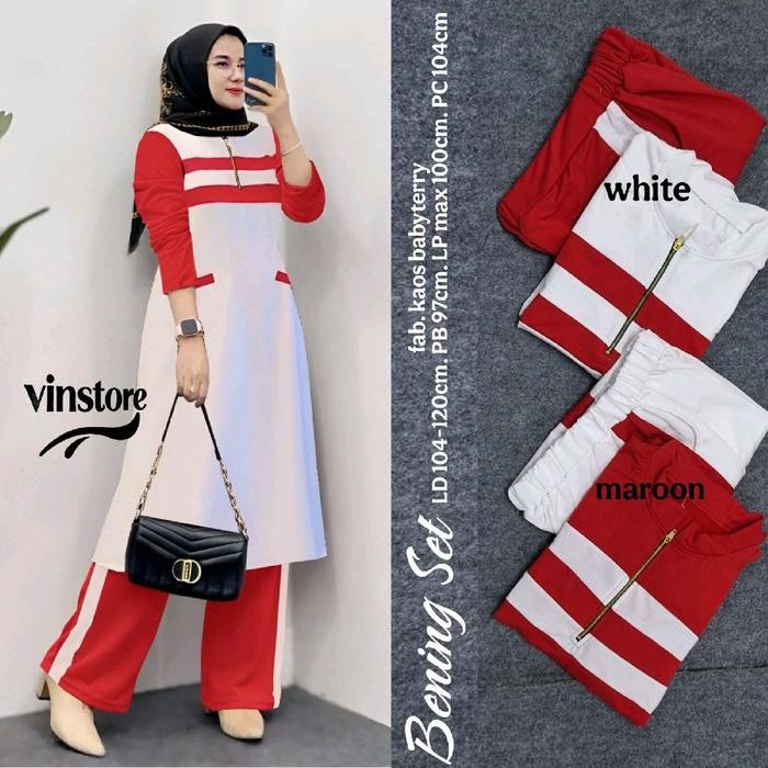 (Allthebest) Bening Set Olahraga Merah Putih Setelan Olahraga Wanita Muslim Baju Olahraga Agustusan