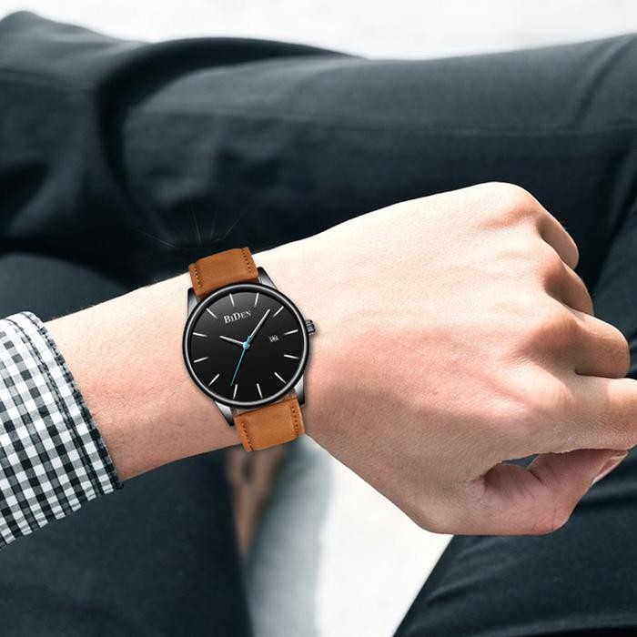 Biden Jam Tangan Pria Kalender Bisnis Tali Kulit Jam Tangan Cowok