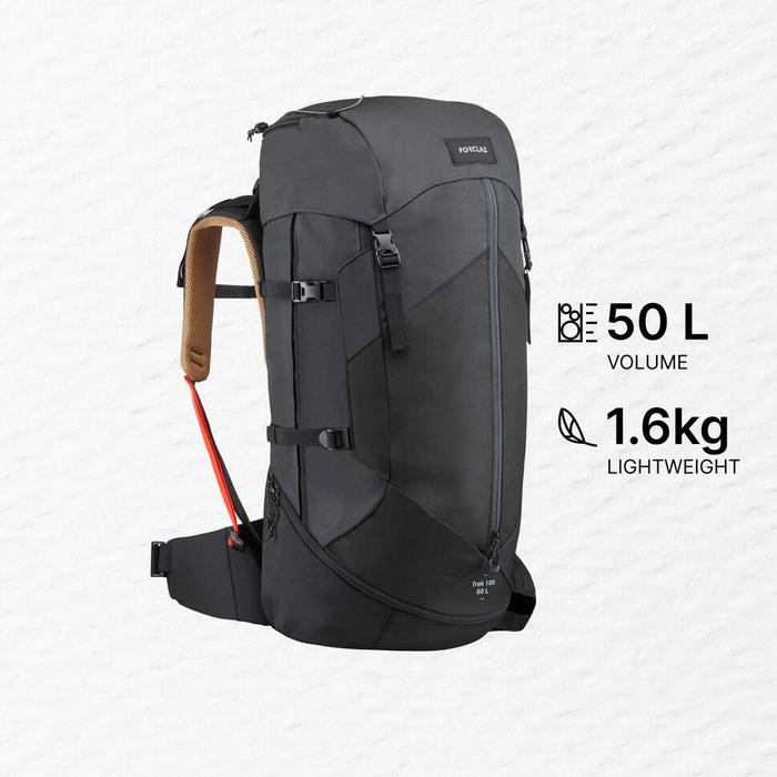 Decathlon Forclaz Tas Mendaki Pria Carrier Backpack Trek 100 Easyfit Black 50L - 8559690