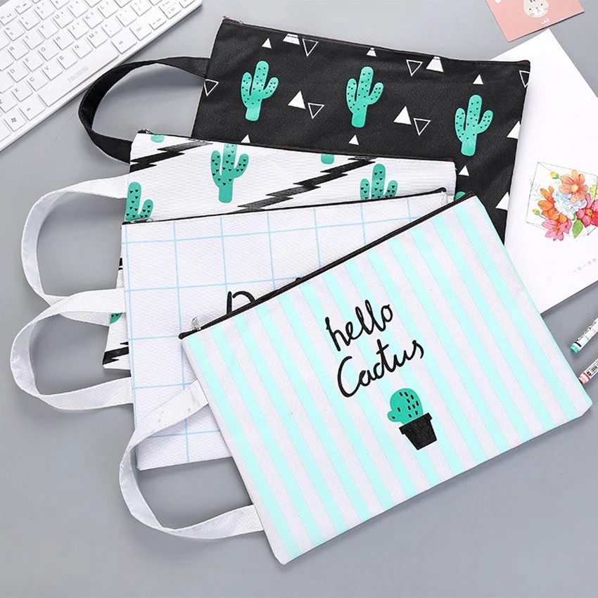 

Cactus File Folder Document Bag A4 Paper Holder Grid Canvas Zipper Handbag Student Cute Stationery