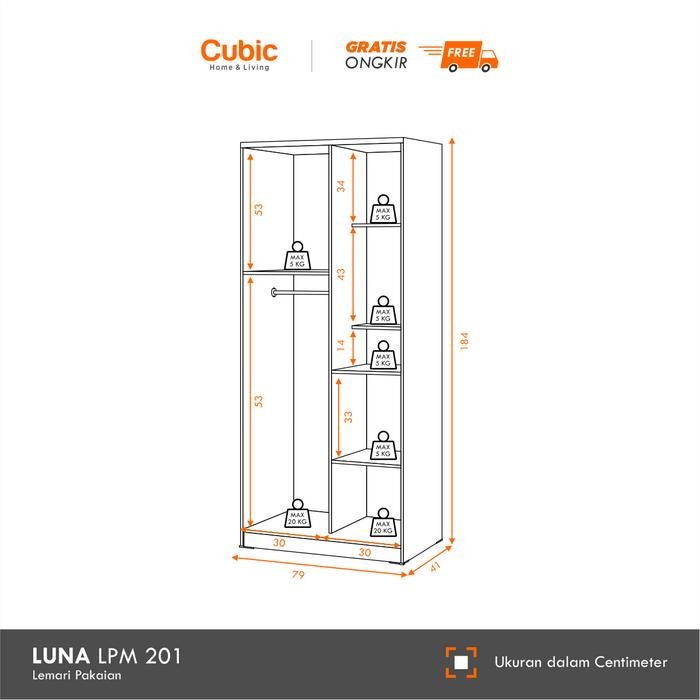 Cubic Lemari Pakaian Minimalis / Lemari Baju 2 Pintu / LUNA LPM 201