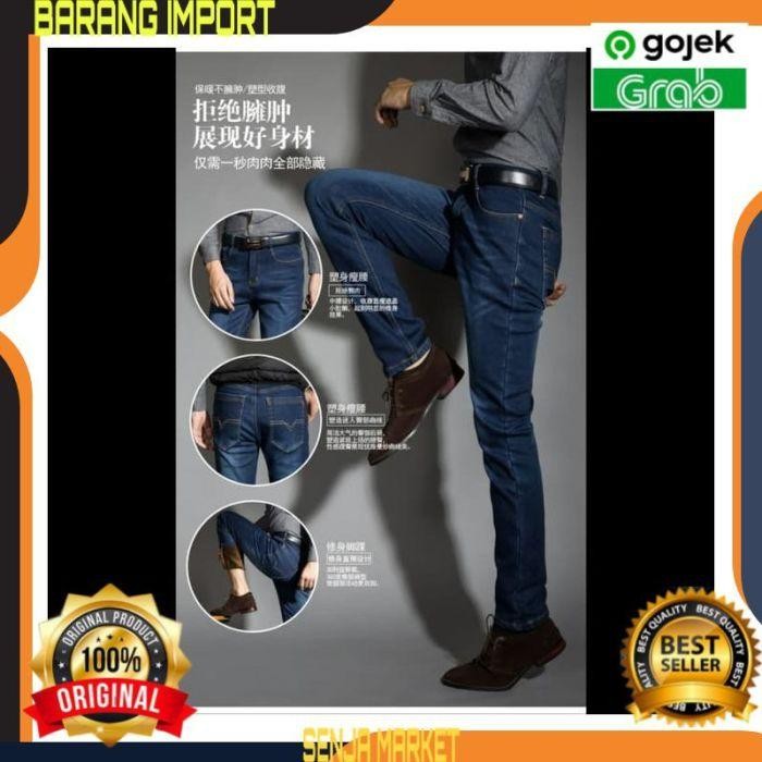 Celana Jeans Winter Musim Dingin Thermal Tebal Fashion Pria