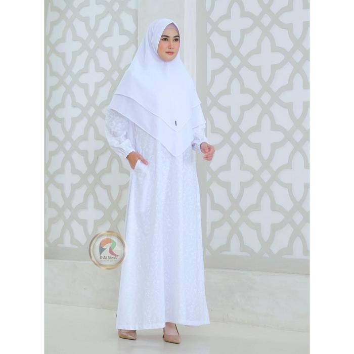 Gamis umroh putih hitam syari set jilbab bahan katun jepang bordir shalima