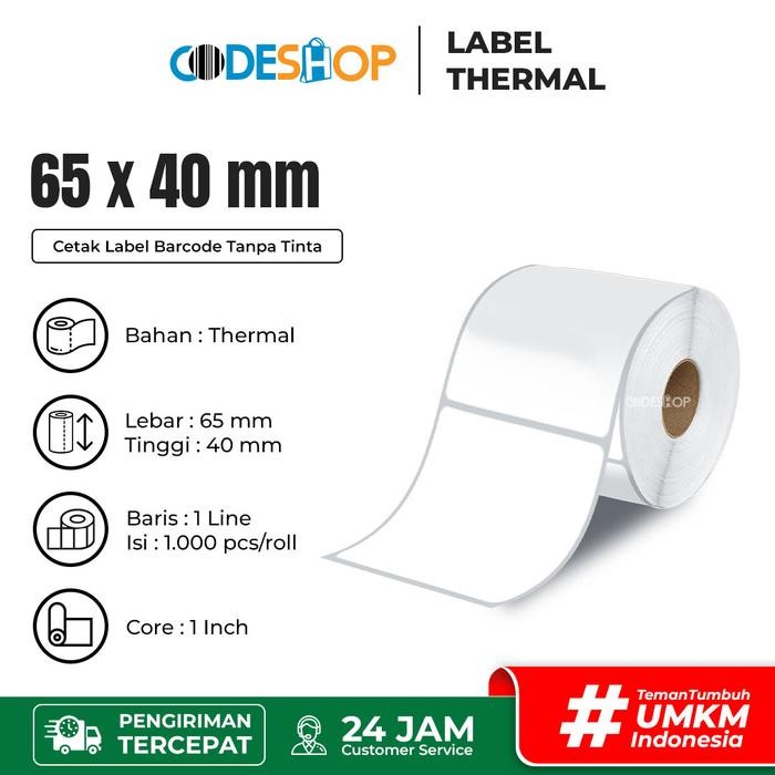 

AT Label Thermal 65 x 40 Kertas Sticker 65x40 mm Stiker Barcode 65x40mm Termal 1 Line 65mmx40mm Isi