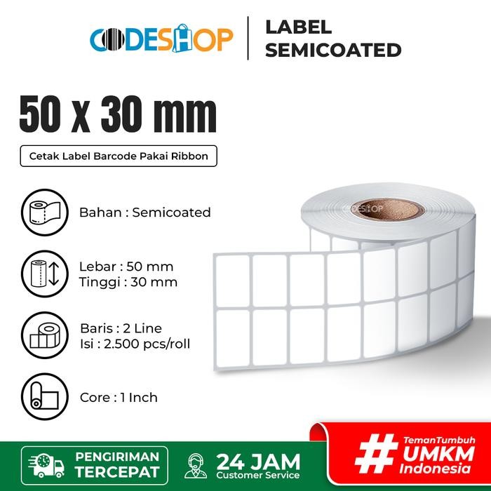 

AT Codeshop Label Stiker Semicoated 50x30 mm 2 Line Kertas Printer Barcode Isi 2.500 Pcs