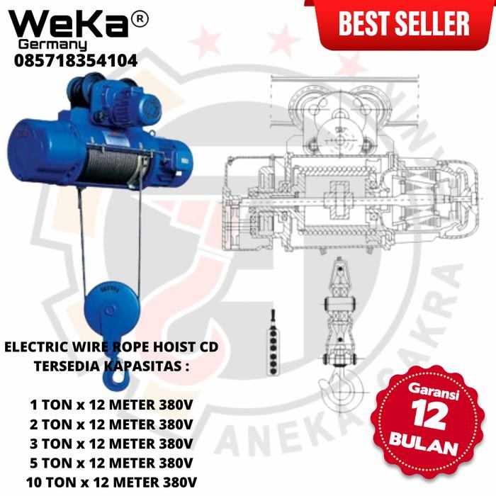 Paling Berkualitas Electric Wire Rope Hoist Crane 1 Ton X 12 Meter Weka Germany