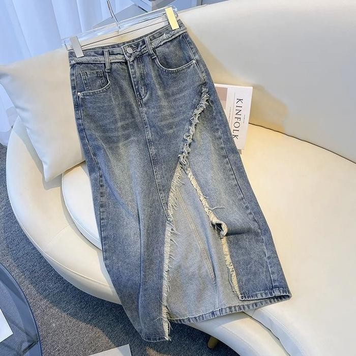 rok korean style jeans wanita panjang robek rok a wanita denim skirt kekinian jumbo oversize vintage