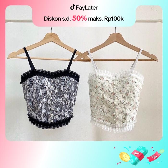 Korean Lace Pearl Floral Tank Top Atasan Wanita Crop Import All Size 1131 tank top vintage flower