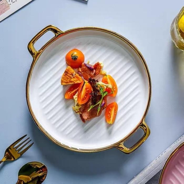Ricci Plate piring saji keramik bulat dua pegangan list emas pink putih hijau