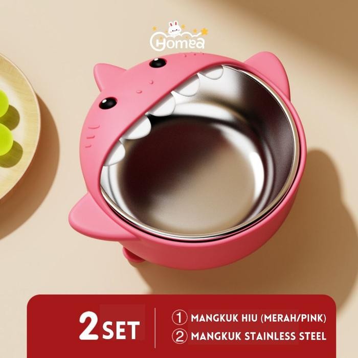 HOMEA Mangkok Mangkuk 2in1 Silicone Piring Makan Anak Baby Shark Suction Bowl Stainless Steel 304