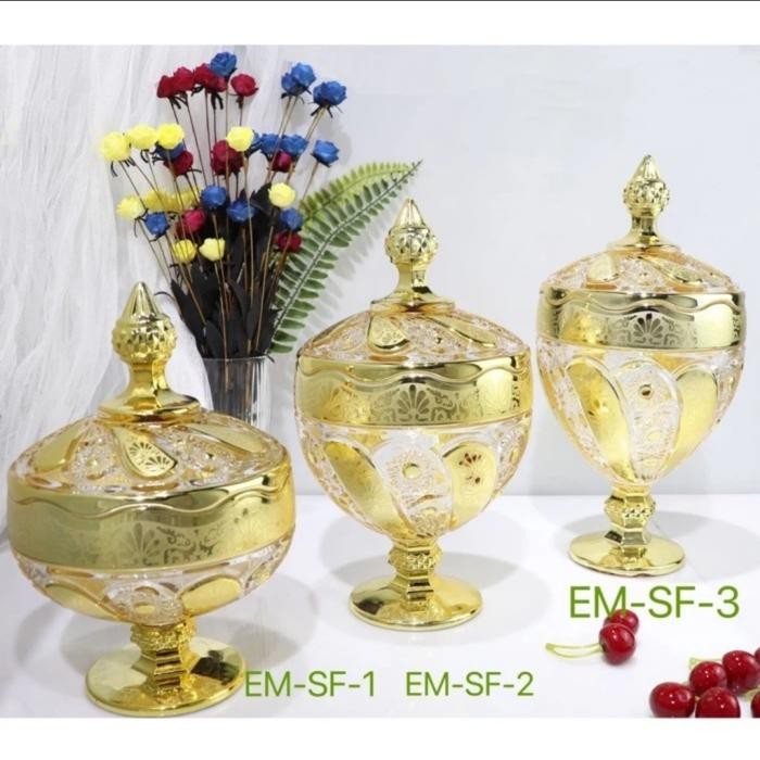 Toples Kaca Kristal Piala Emas Toples Kue Kering Lebaran Gold Set Kode 1458