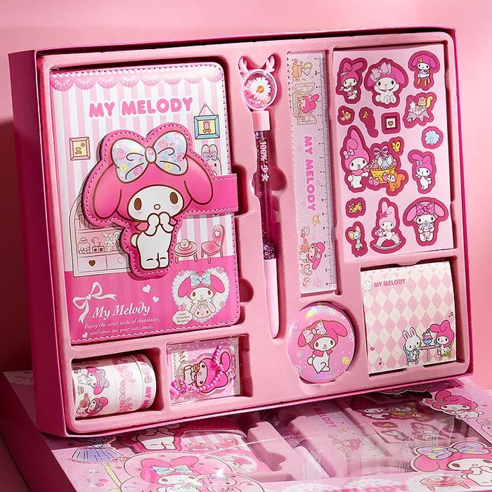 

Terlaris- Sanrio Luxury Notebook Fullset 9 In 1 Gift Box /Diary Gift Box Kuromi & Melody /Notebook