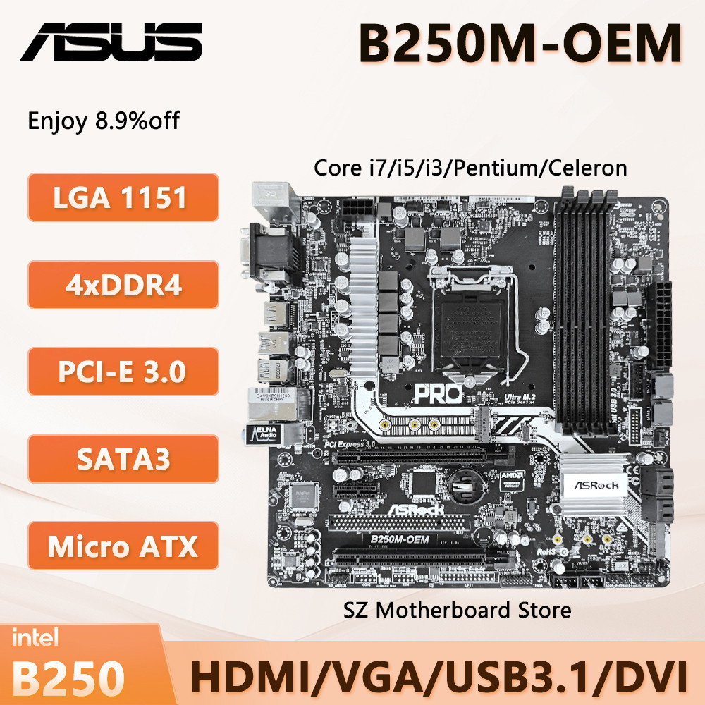 ASRock B250M-OEM LGA1151 Motherboard B250 Micro-ATX Support Intel i7-7700K/i5-7500/i3-7100 DDR4 M.2