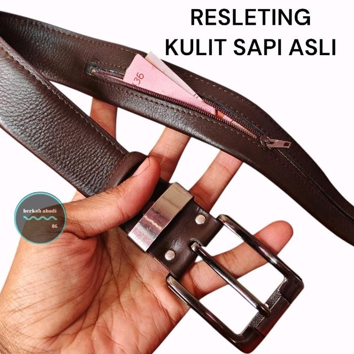 Ikat pinggang Resleting Kulit Sapi Asli