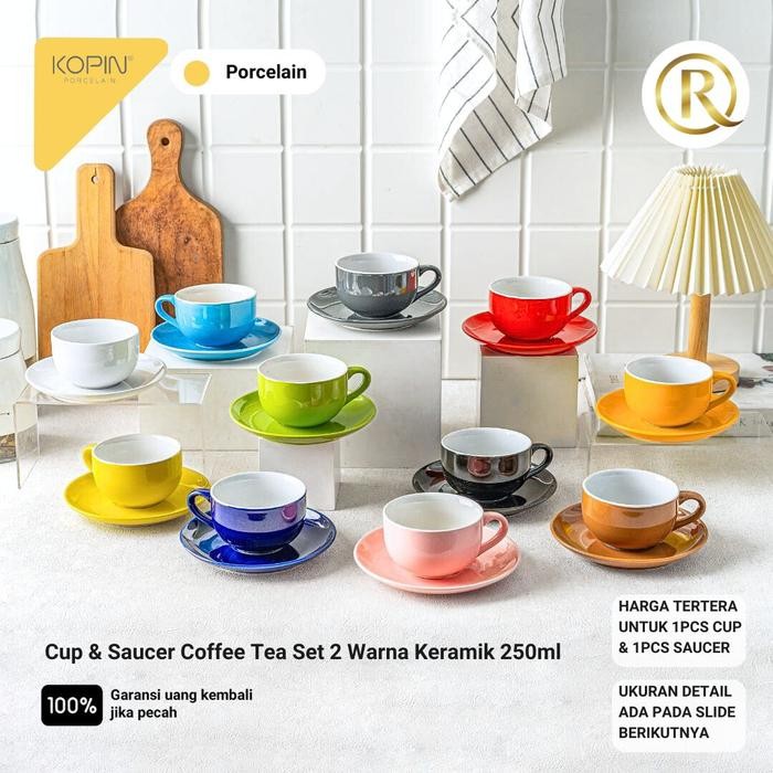 Cup & Saucer Coffee Tea Set 2 Warna Porcelain Keramik 250ml Kopin