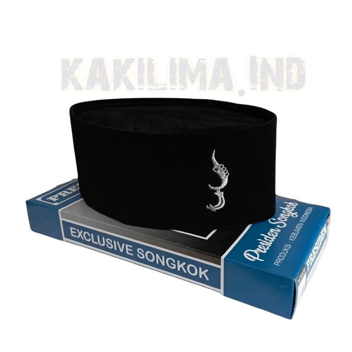 Peci Songkok Kopiah Hitam Polos Logo KUJANG BORDIR SILVER tinggi 9 Murah merk Presiden - Peci Pria