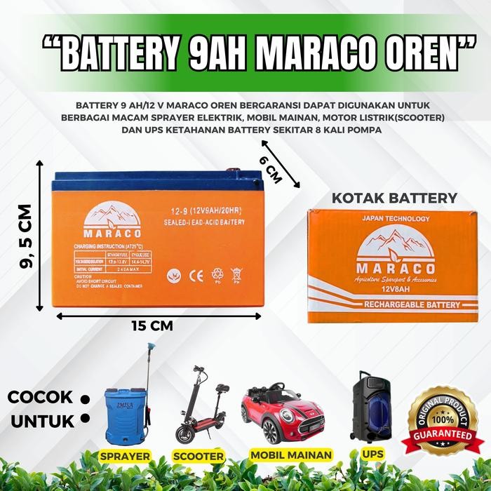 BATTERY 9AH MARACO OREN( aki battery batre accu sprayer elektrik 12V )