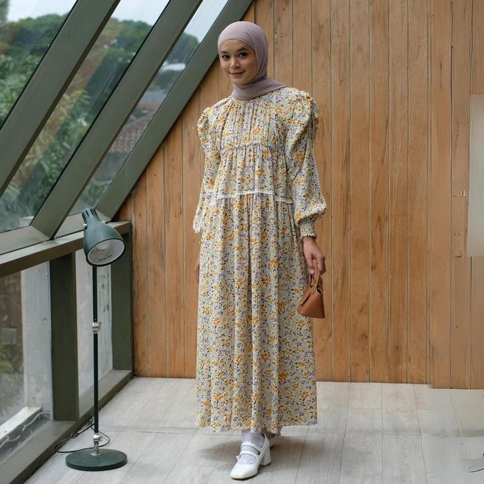 Eclemix Dress Euna Baju Wanita Vintage Motif Bunga Gamis Wanita Lengan Kerut