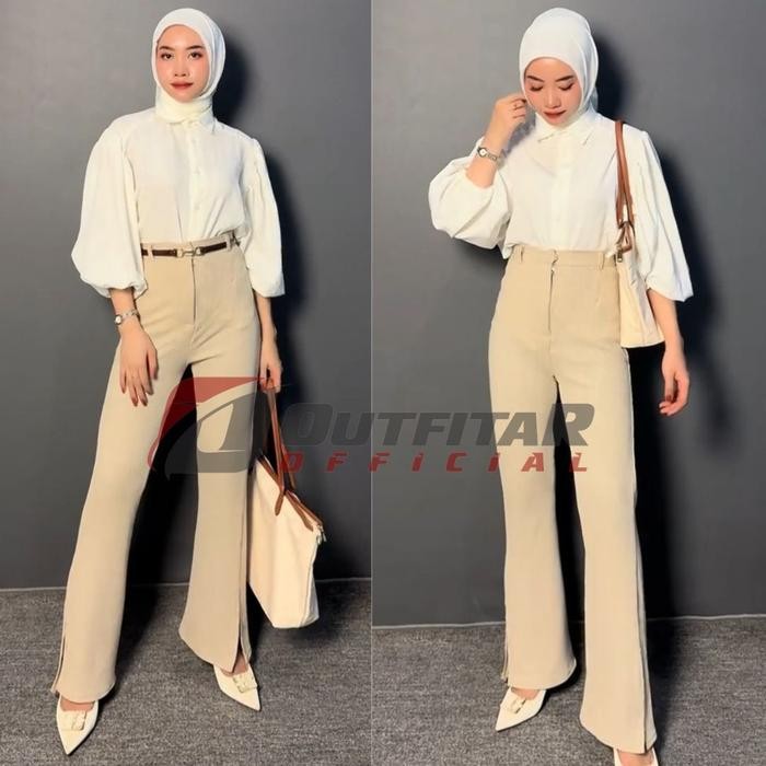 OUTFITAR_Celana Knit Waffle Slit - Celana Kulot Knit Rib Panjang - Knit Pants - Loose Pants