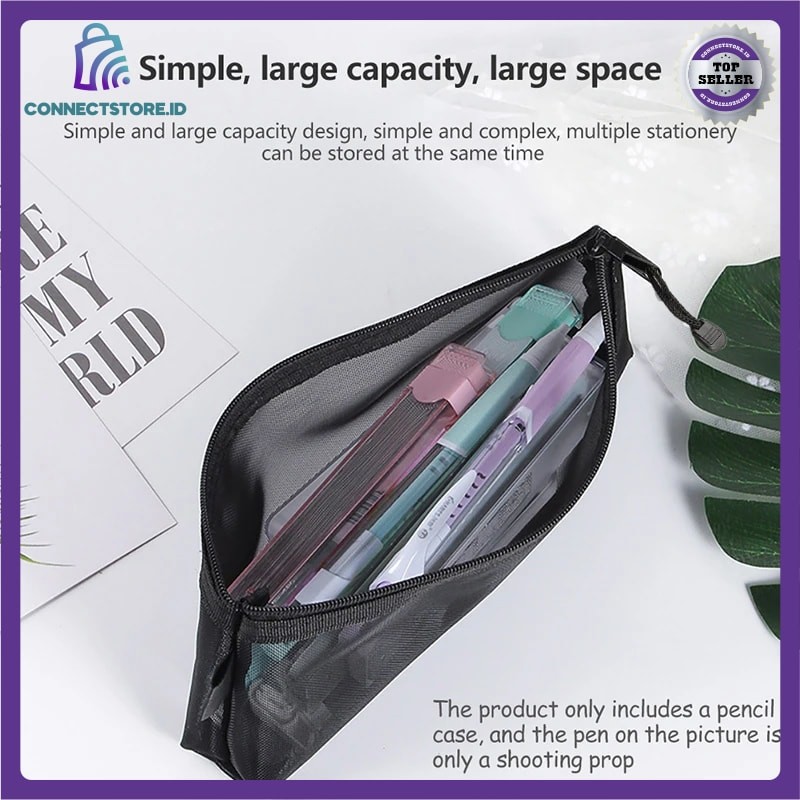 

Tempat Pensil Jaring Mesh Pencil Case Zipper Storage-Hitam