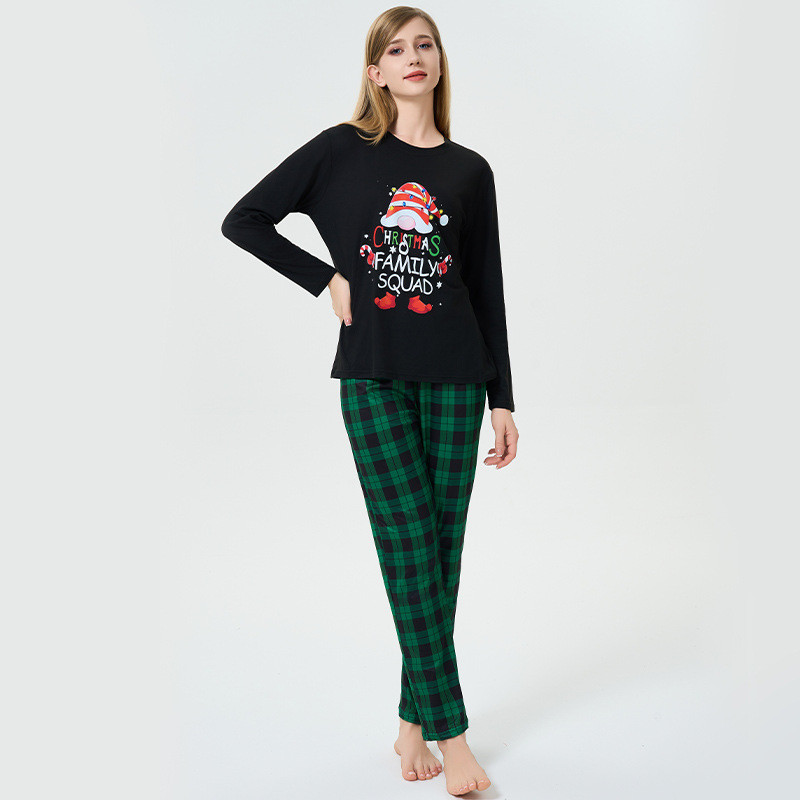 Santa Claus Christmas Pajamas Autumn Winter Homewear Black Green Plaid Long-sleeved Suit T Shirt Top