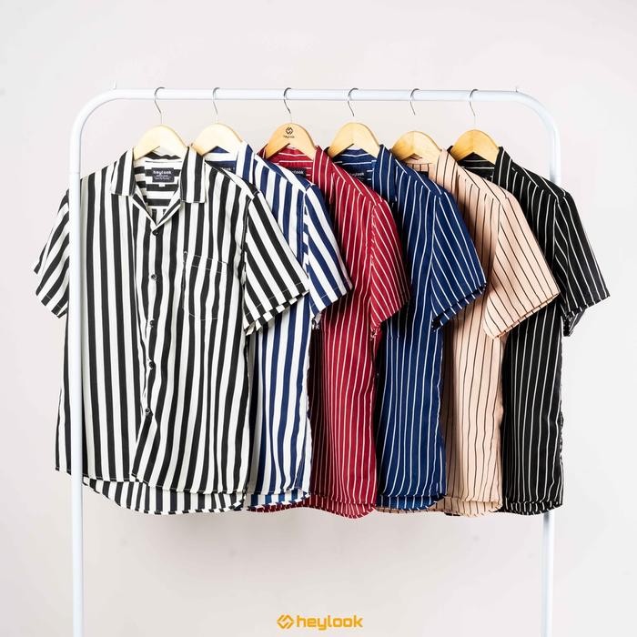 SAWANIMURA - Hem Salur Kemeja Pria Kemeja Stripe Cowok Kekinian Hem Premium Casual Keren Kemeja