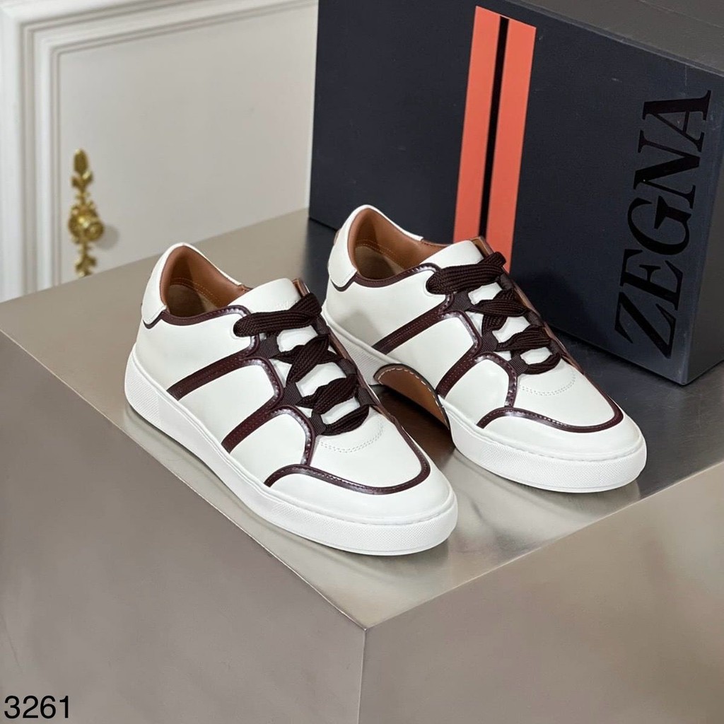 Sneakers Zegna Pria Branded Look - Sepatu Casual Elegan Warna Putih Coklat Ready size 39-45 Material