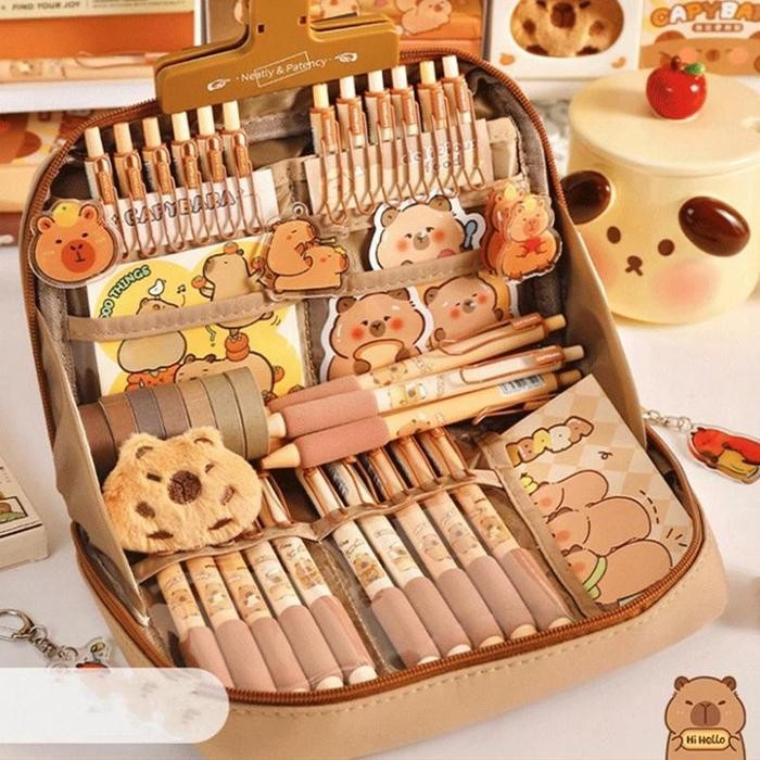 

Capybara Stationery Set Portable Stationary Bag Cute Pencil Case with Pens Clips Rulers and More