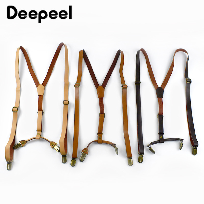 1Pc 1.5*105cm Retro Men Suspenders Unisex 4 Clips Y-Type Strong Leather Strap Braces Male Jeans Jock