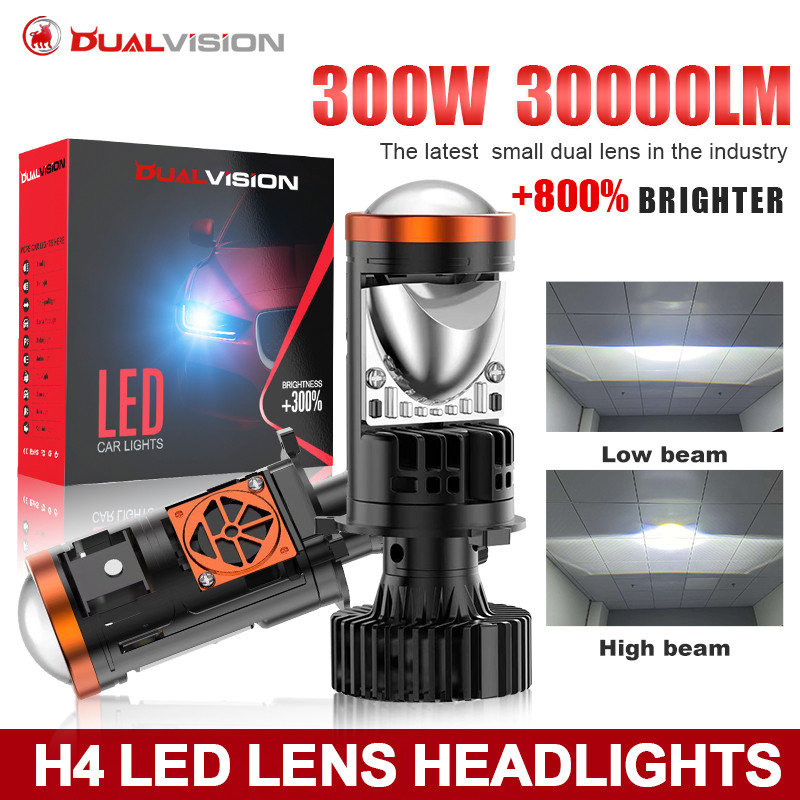2pcs H4 LED Projector Mini Lens Auto H4 Headlights Bulbs Kit Conversion High Beam Low Beam 300W 3000