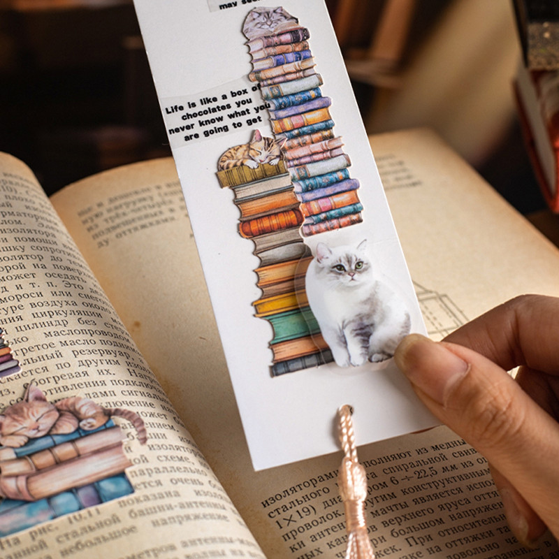 

60Pcs/bag Bookcase and Cat Series Bookcase Theme Hard Card Stickers Handbook Material
