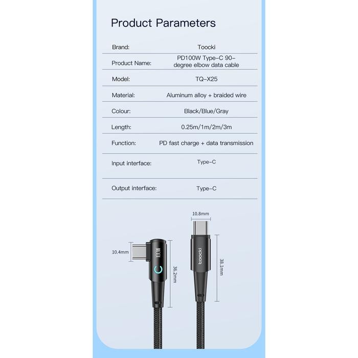 TOOCKI Cable Data Cable Type C Elbow 100W PD Cable 100W