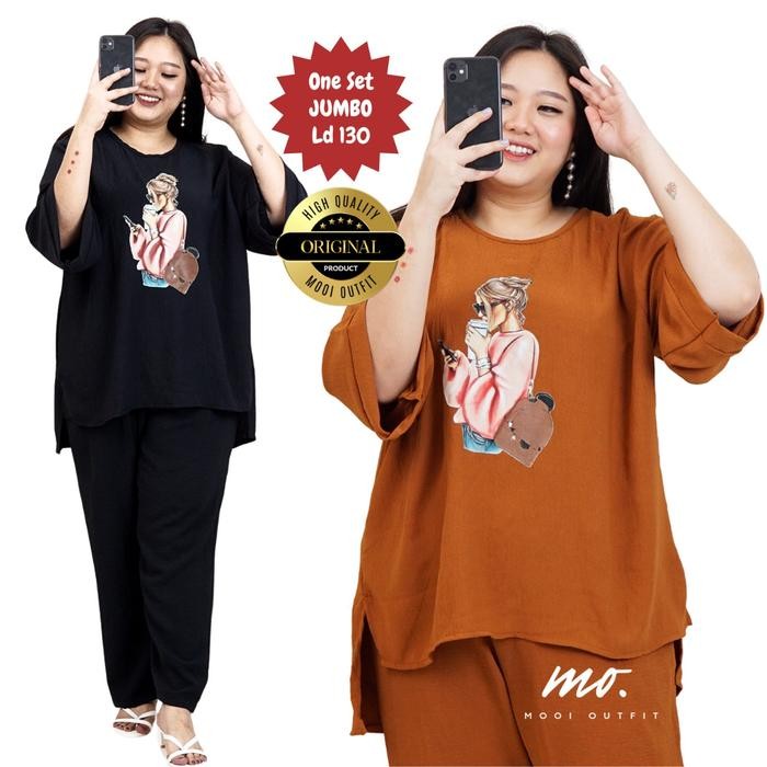 Setelan Crinkle Jumbo Ld 130 Sablon / One set Wanita Kekinian Celana Baju