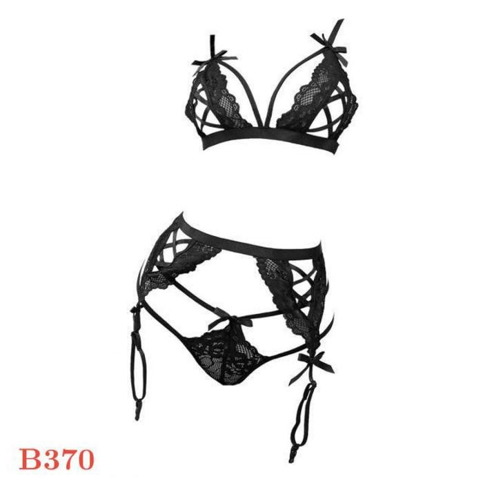 NEW Pakaian Dalam Wanita Sexy B370 Bra Set Bralette Garter Stocking Hitam