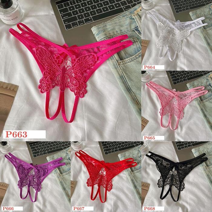 NEW P663 Celana Dalam Wanita CD Cewek Sexy Panties Thong Brokat Motif Kupu-Kupu Tali 2