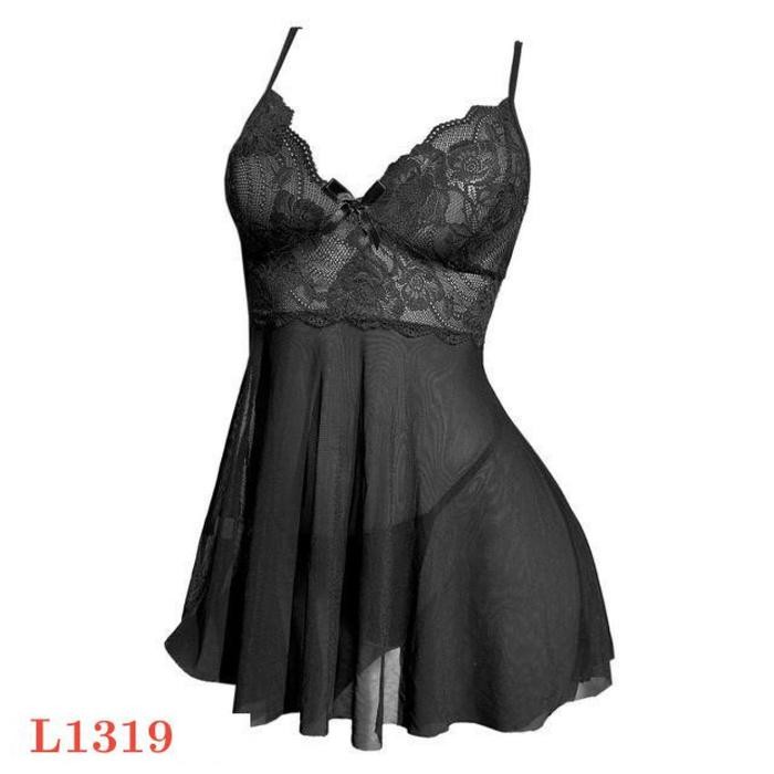 NEW Gaun Malam Sexy L1319 Baju Tidur Dinas Wanita Mini Dress Hitam Transparan