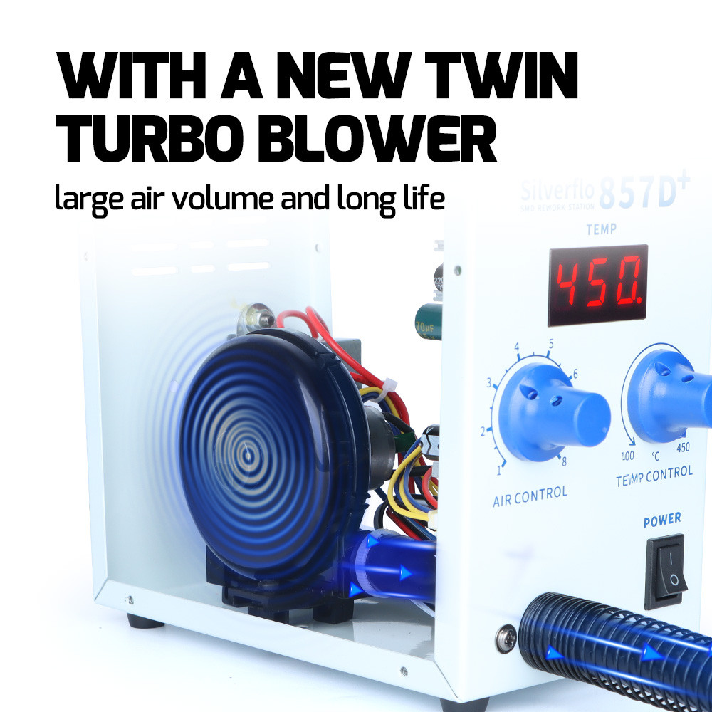

857D+ Hot Air Rework Station 600W Soldering Station Desoldering Gun With Twin-Turbo Blower