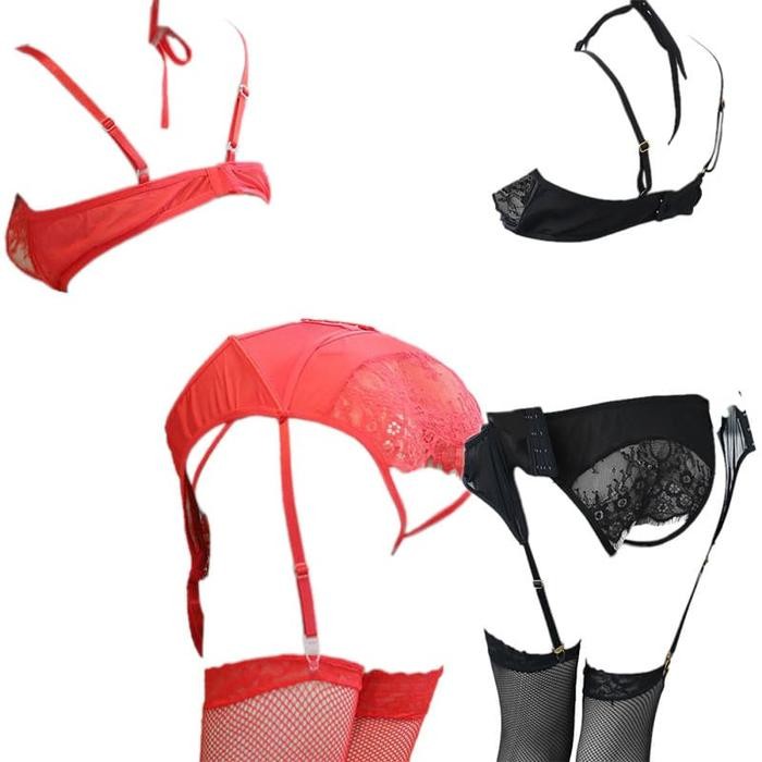 NEW B304 Set Pakaian Dalam Wanita BH Bra Bralette Halter CD Garter Belt Lace Transparan Motif