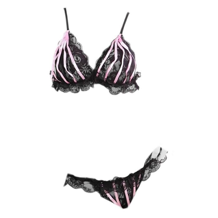 NEW B013 Set Pakaian Dalam Wanita BH Bra Bralette CD Hitam Lace Transparan Motif Bunga Tali Pita