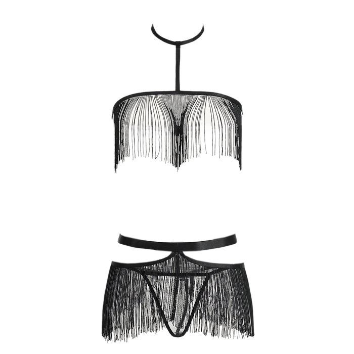 NEW B359 Bra Set Bralette Sexy Lingerie Wanita Seksi BH Halter CD Rok Tali Rumbai Hitam