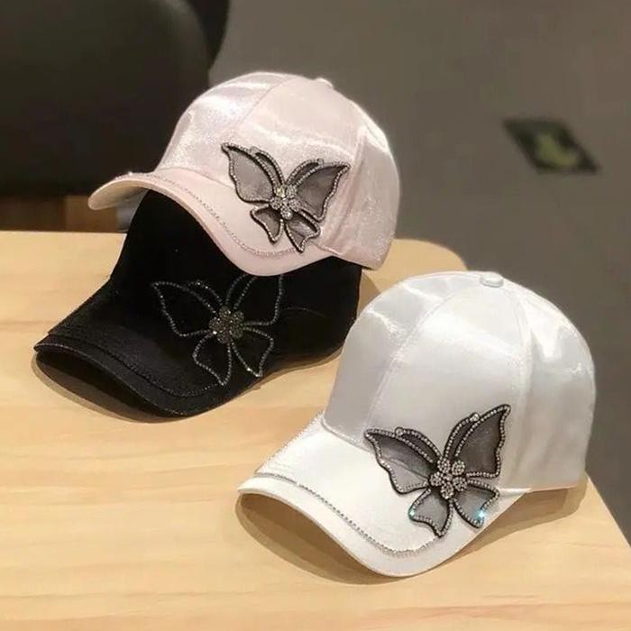 Yarra Topi Baseball Pria Wanita Outfit Motif Kupu Manik Kristal Hitam Pink Putih Gaya Korea Jepang